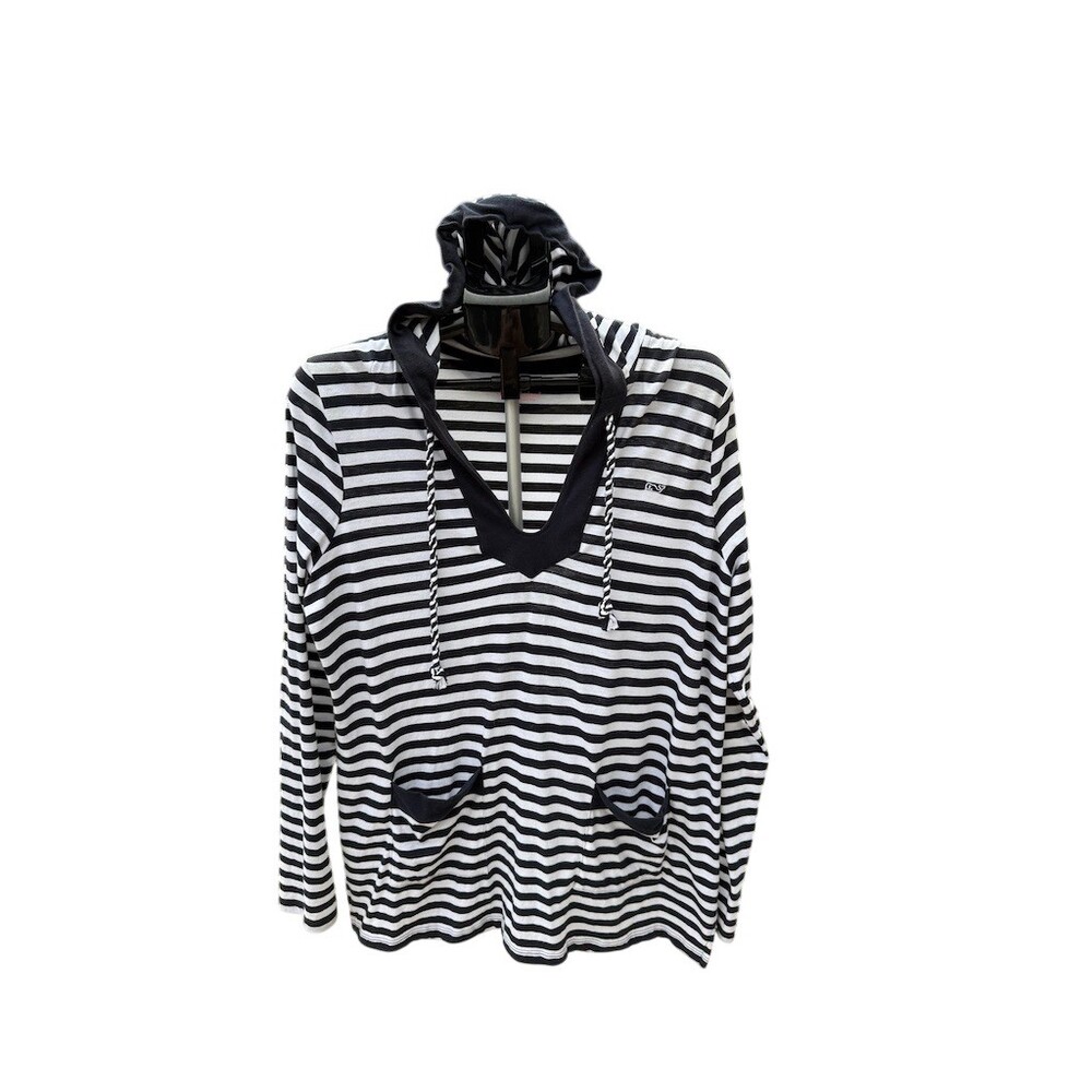 Vineyard Vines Hoodie Womens XL Navy White Striped Pullover V-Neck Pocket